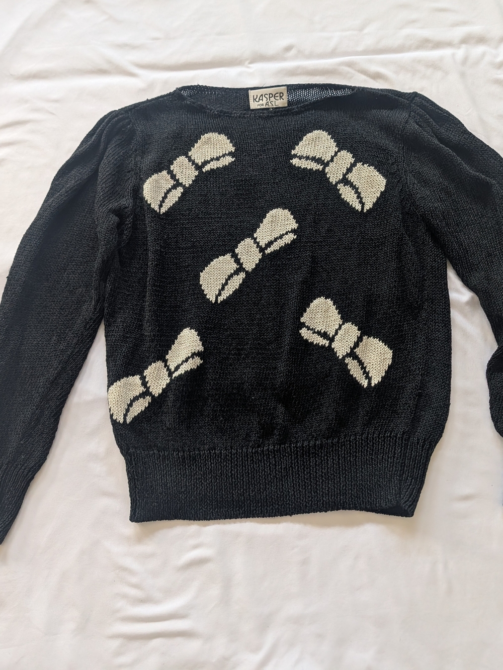 Kasper Black Sweater with Cream Bow Motif